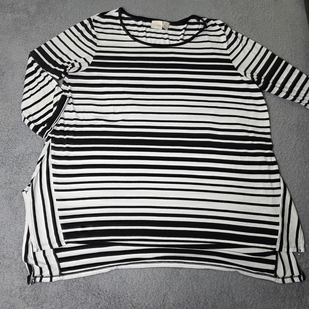 Chico's Womens 3 Tunic Top Black White Striped Long Sleeve Rayon Blend Slit Hem